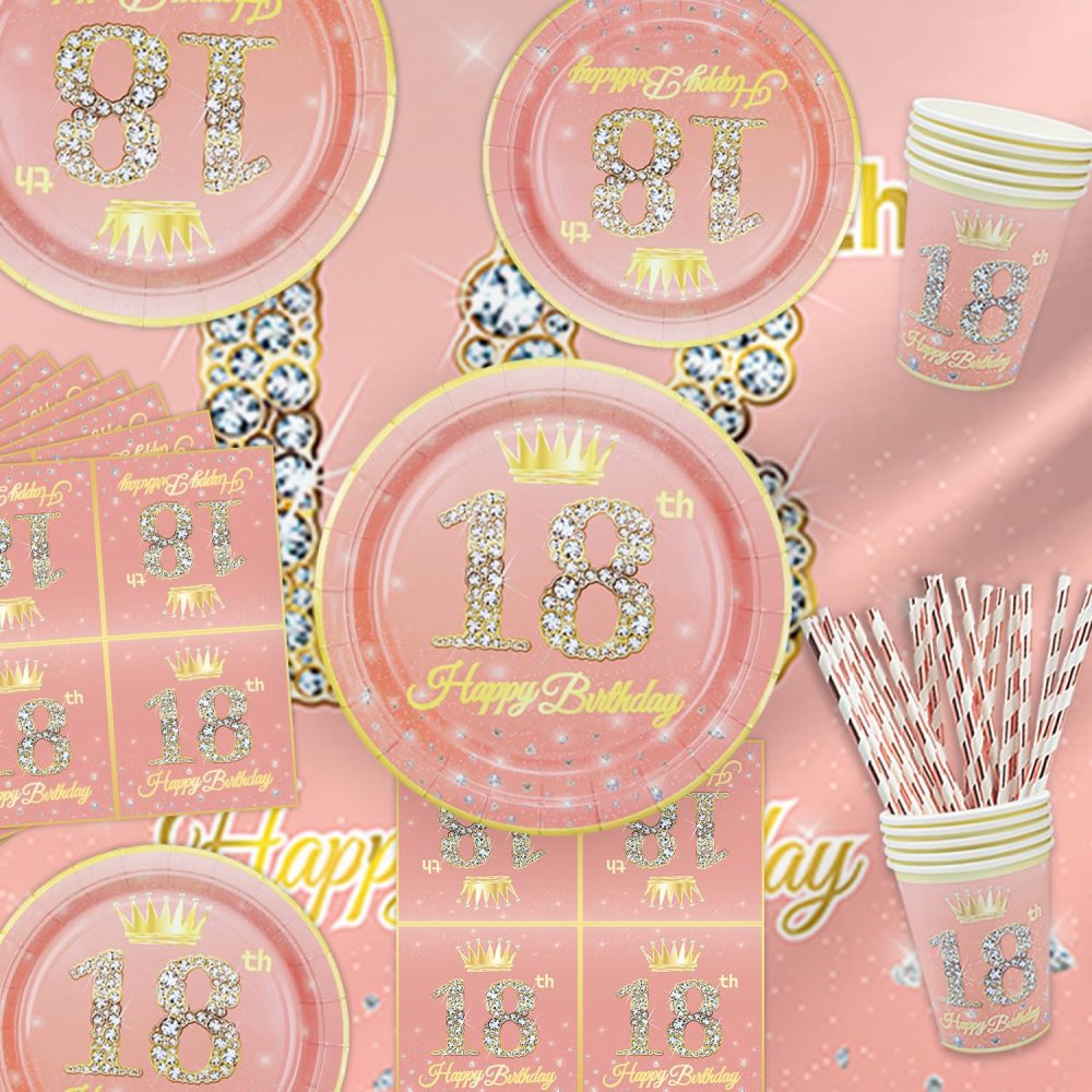 179 PCS 18th Birthday Decorations for Girls Rose Gold 18th Birthday Party Decoration Happy 18th Birthday Supplies Tableware Set-Plates, Napkins, Pink 18th Birthday Banner for 20 Guests - Image 2