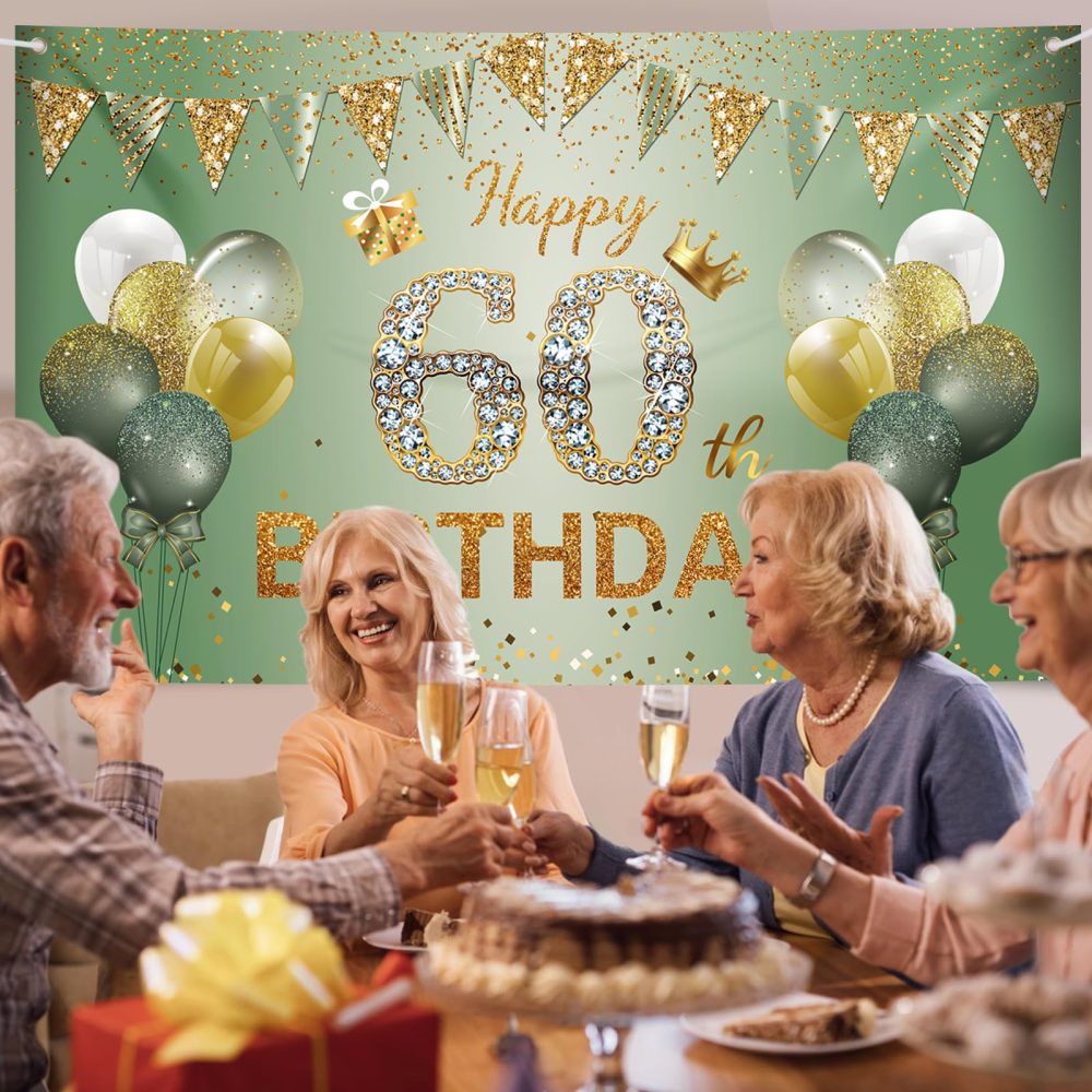 60th Birthday Decorations for Women Men, 60th Birthday Banner, 60th Birthday Backdrop Party Decorations, Sage Green Gold Happy 60th Birthday Banner Background for Birthday Anniversary Party Supplies - Image 4
