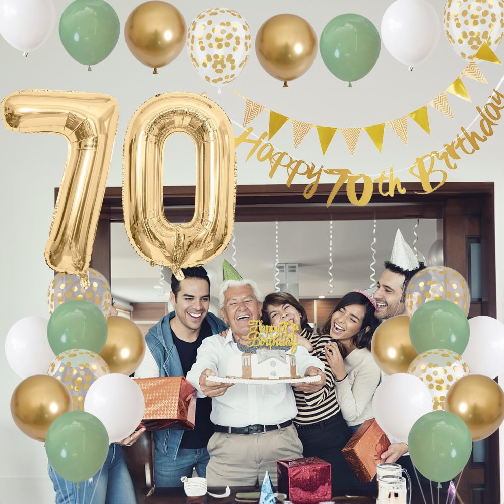 70th Birthday Decorations for Men Women, Sage Green White Gold Birthday Balloons with Happy 70th Birthday Banner 70th Birthday Cake Decoration Number 70 Balloon for 70 Year Old Birthday Party Decor - Image 3