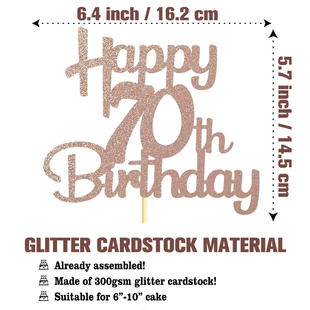 Sotpot Rose Gold Glitter 70 Cake Topper, 70th Birthday Cake Decorations for Birthday Party Anniversary Party Supplies - Image 7