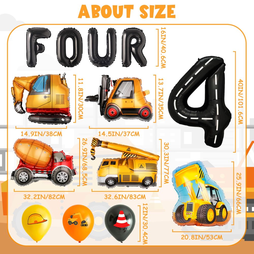 4th Birthday Construction Decorations Boys - 22 Pieces Vehicle Party Decoration Black Letter Four Balloons Digger Excavator Crane Cement Truck Bulldozer Balloon for Kids 4 Year Old Party Supplies - Image 6