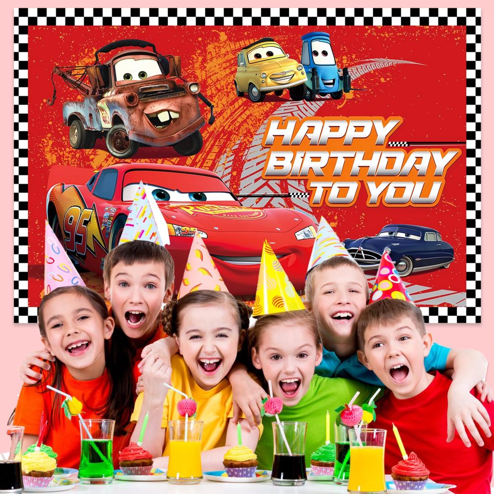 Dekewe Cars Happy Birthday Banner, Happy Birthday Decorations Backdrop, Cartoon Theme Background Photography, Birthday Party Decorations Supplies for Boys Girls Kids, 100cm x 150cm - Image 2