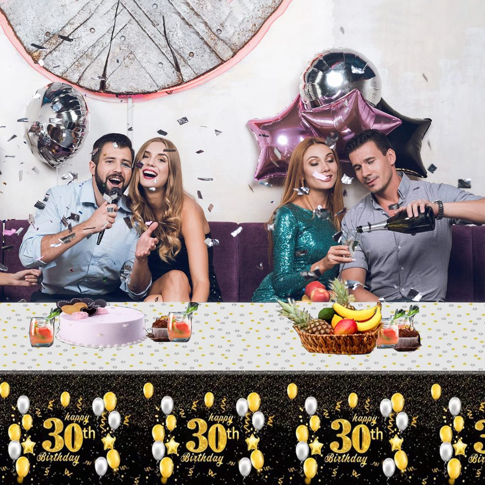 Happy 30th Birthday Black Gold Table Cloth Cover Party,137*274cm 30th Birthday Table Decorations for Boys,Girls,Men,Women,Him,Her,Rectangular Plastic Tablecloth for 30th Birthday Party Supplies Decor - Image 3