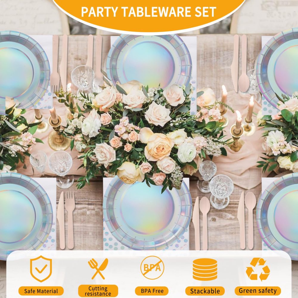 Iridescent Party Supplies Set Serve for 25 Guests, CEILIWEN 200PCS Holographic Paper Plates and Napkins Cup Set, Iridescent Party Tableware Set for Birthday Wedding Party - Image 7