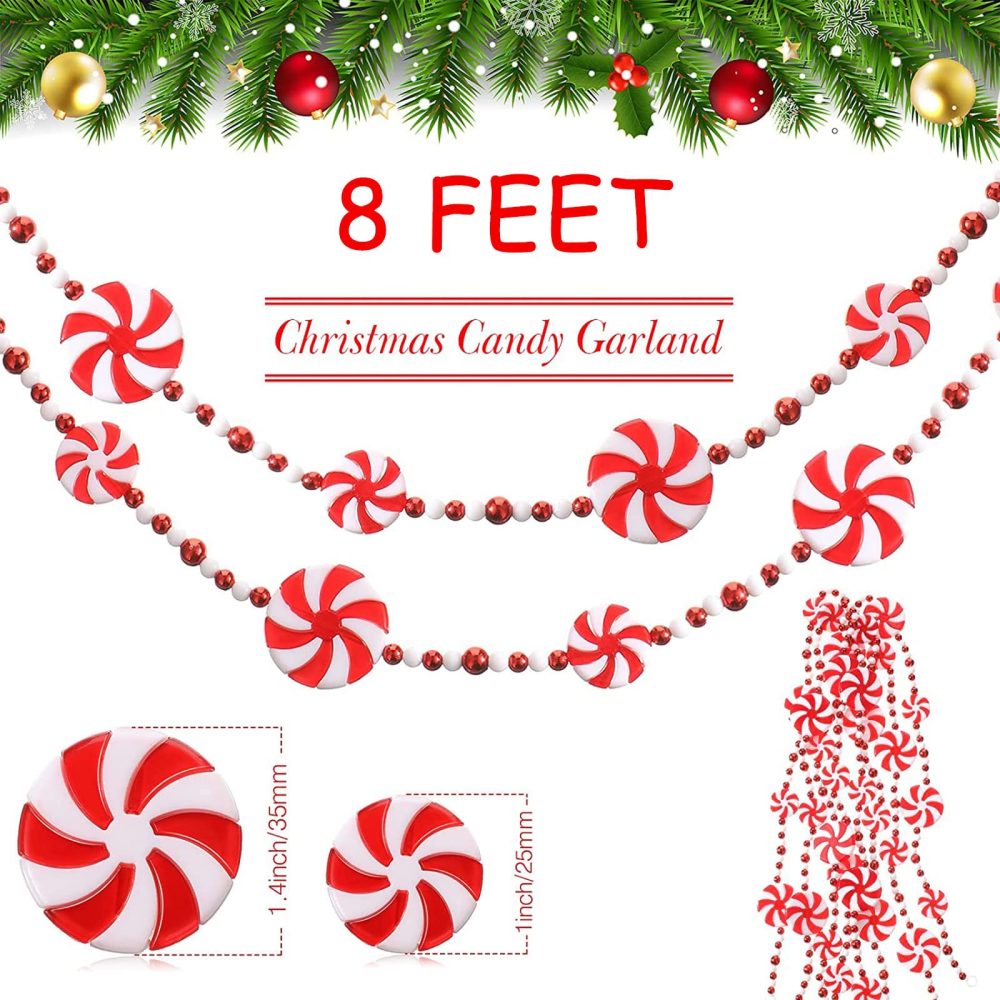 URMAGIC Christmas Candy Garland,8 Ft/2.4m Green Red White Peppermint Candy Bead Garland,DIY Plastic Christmas Beaded Garlands,Christmas Tree Ornaments,Xmas Hanging Decorations for Trees Fireplace - Image 2