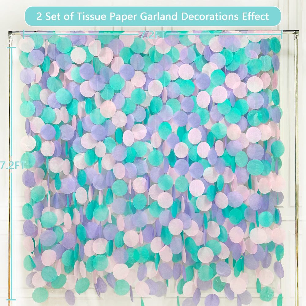 205Ft Purple Pink Teal Tissue Paper Garland Big Circle Dots Hanging Streamer Backdrop Polka Dot Bunting Banner for Little Mermaid Kids Birthday Wedding Baby Shower Under The Sea Party Decorations - Image 6