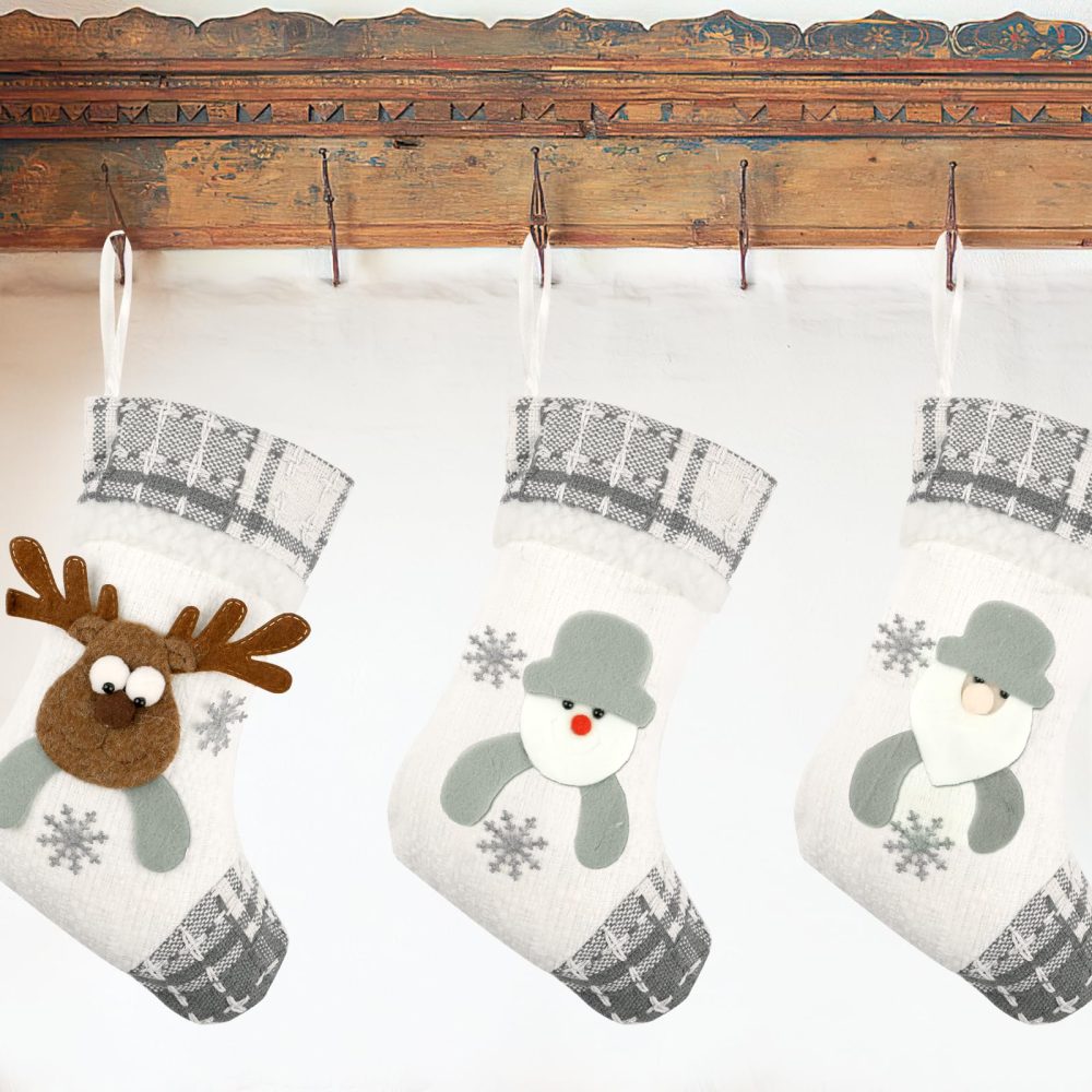Christmas Stocking, 3pcs Personalised Christmas Stockings, Xmas Stockings with Santa/Snowman/Reindeer, Sock Sack Gift Bag for Fireplace, Christmas Tree Decoration (Grey) - Image 4