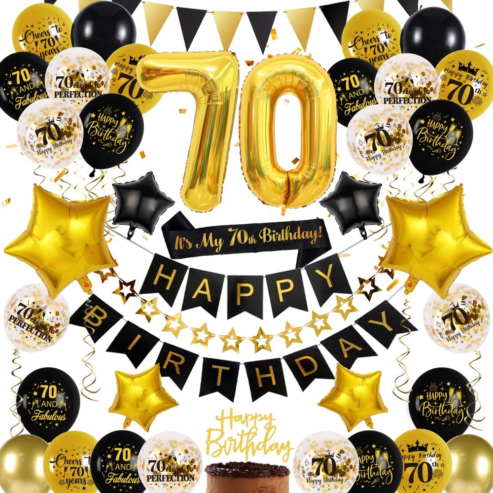 70th Birthday Decoration Set, Black Gold 70th Party Decorations Includes Pull Flower, Banner, Latex Balloons, Foil Balloons, Cake Topper, Pennant, Black and Gold Theme Suitable for 70th Party