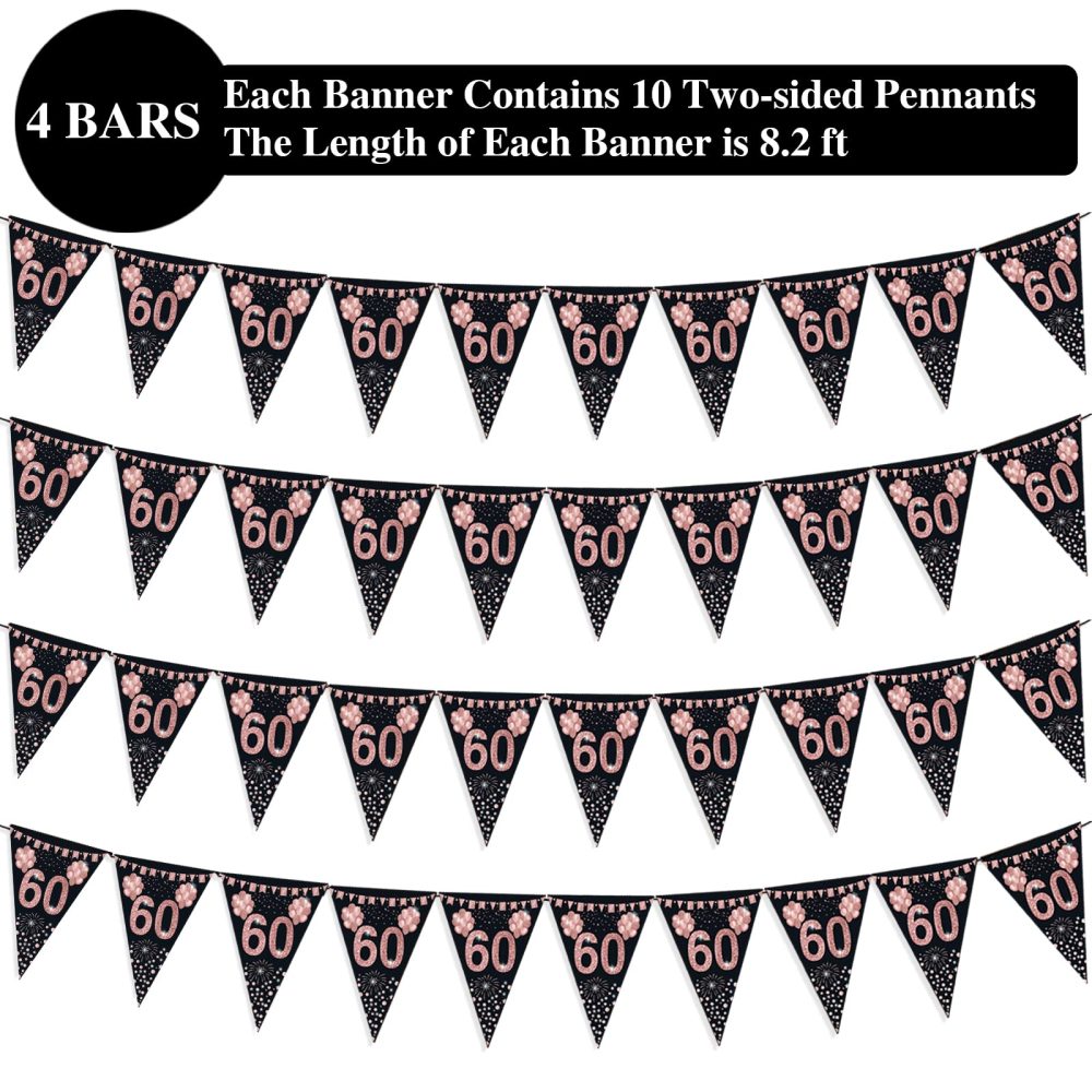 60th birthday bunting, Happy Banner Bunting Flags, 40 Pieces Triangle Rose Gold Glitter Diamond by Numbers 60th Birthday Anniversary Theme Party Decoration Supplies - Image 4