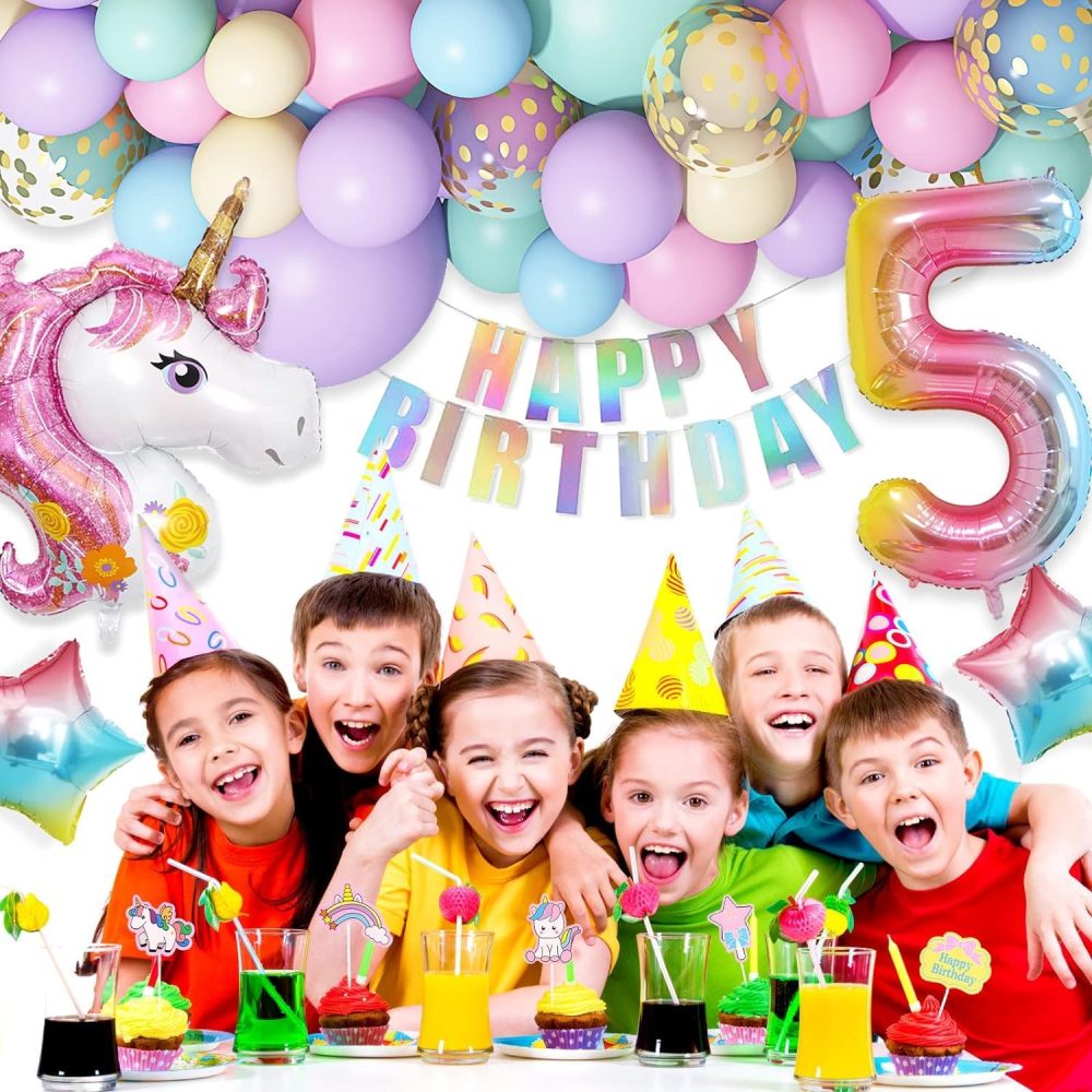 5th Unicorn Balloons Arch Kit Girl Birthday Party Decorations 120Pcs Pastel Macaron Balloon Huge 3D Unicorn Foil Age Balloons Happy Birthday Banner for Kids Birthday Party Deco - Image 4