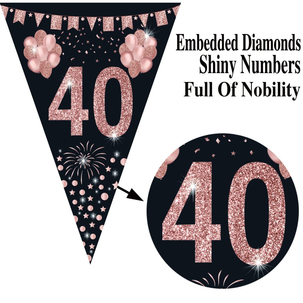 40th Birthday Bunting, Happy Banner Bunting Flags, 40 Pieces Triangle Rose Gold Glitter Diamond by Numbers 40th Birthday Anniversary Theme Party Decoration Supplies - Image 5