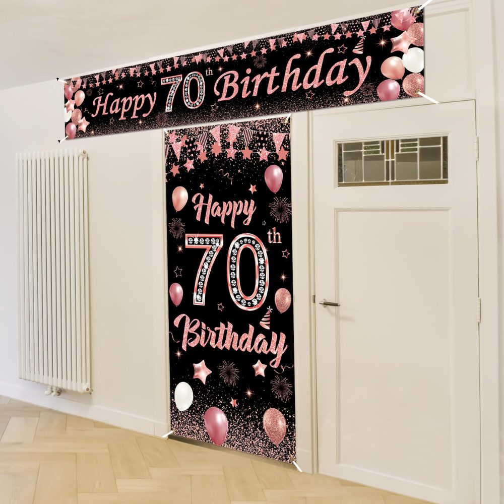 70th Birthday Decorations Banner for Women, Black Rose Gold 70th Birthday Banner with 70th Birthday Door Banner Porch Banner Sign for 70th Birthday Anniversary Party Supplies Indoor Outdoor Decor - Image 4