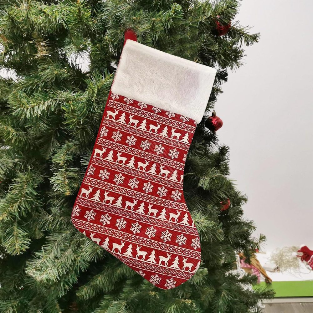 Trimming Shop Deep Red Christmas Stocking with Reindeer Motif | Large Velvet Santa Sock for Hanging Gift & Candy Pouch | Xmas Tree & Fireplace Holiday Party & Home Decorations - Image 3