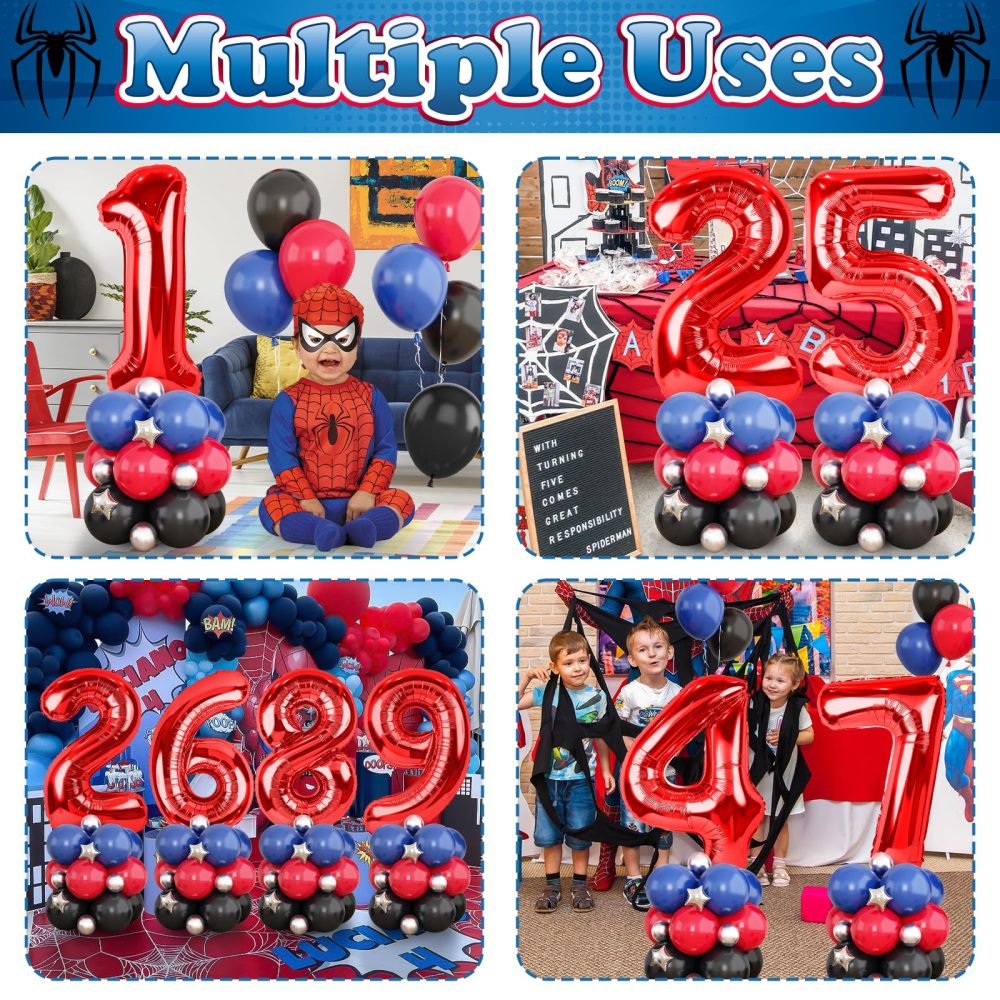 40 Inch Number 5 Balloon Red, Spider Balloon Tower with Red Blue Black Balloons and Metallic Silver Star Foil Balloons for Boys 5th Birthday Party Decor Spider Hero Theme Party Supplies - Image 4