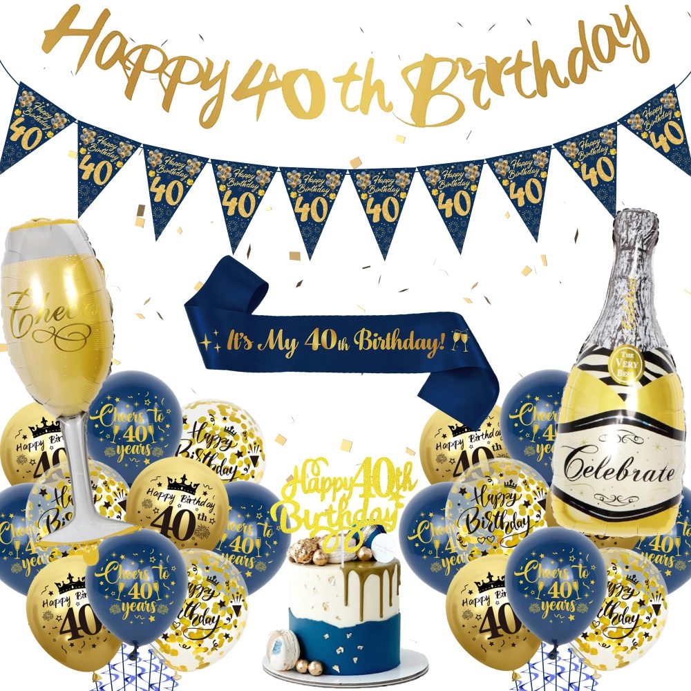 40th Birthday Decoration for Men - Blue Gold Happy 40th Birthday Banners Cake Topper Pennant Latex Balloons Wine Bottle Balloon Sash for 40th Birthday Party Supplies