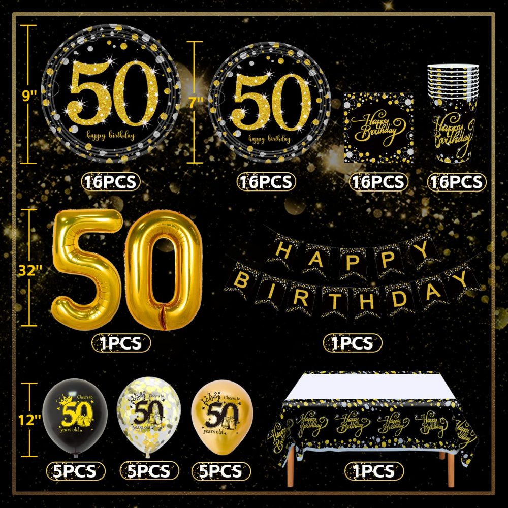 50th Birthday Decorations Party Tableware Set, Black Gold 50th Birthday Paper Party Plates Cups Napkins Tablecloth Balloons for Women Men 50th Birthday Party Decorations Table Supplies, 16 Guests - Image 7