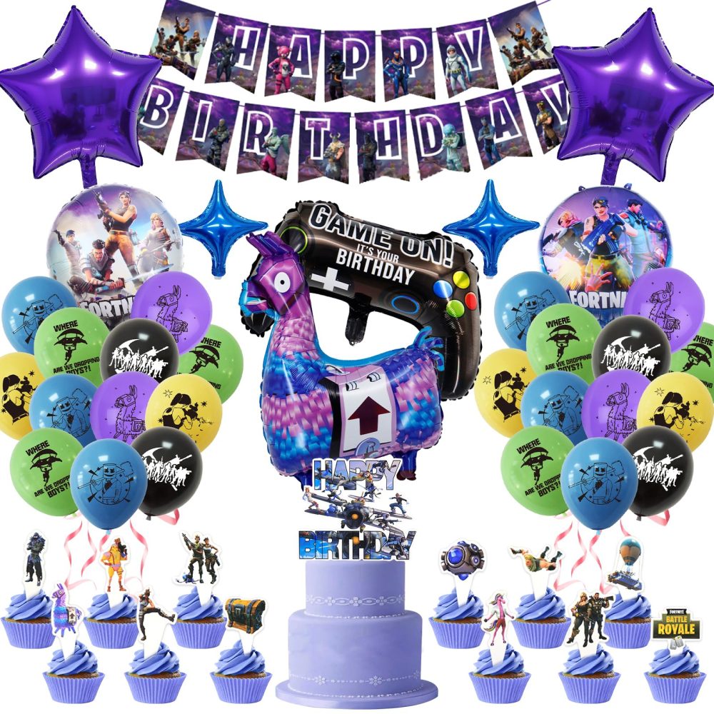 VI4 40PCS Video Game Foil Balloons, Video Gaming Birthday Decoration, with Fort-nite Birthday Banner Cake Decorations Game Foil Balloons Video Game Themed, for Kids Gamers Lovers Party Party Supplies