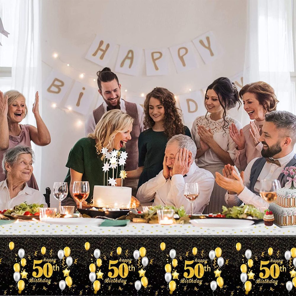 Black Gold Happy 50th Birthday Table Cloth Cover Party for Men,Women,Him,Her,137*274cm 50th Birthday Table Decorations,Rectangular Plastic Tablecloth for 50th Birthday Party Supplies Decorations - Image 4