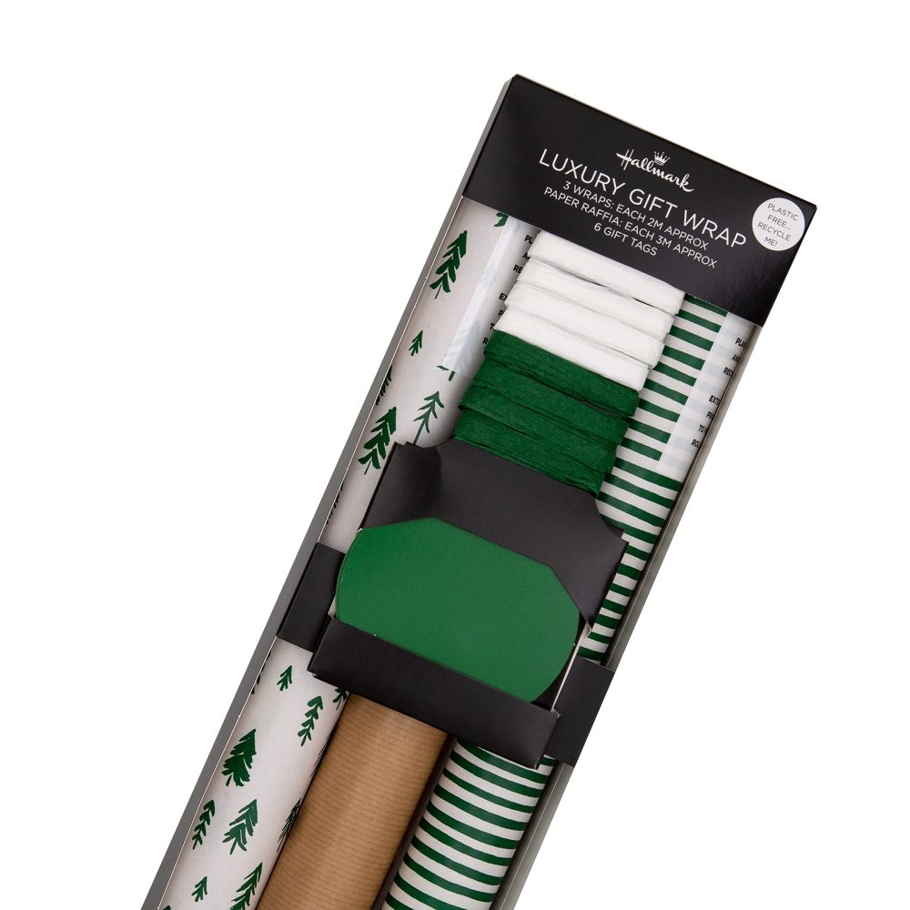 Hallmark Christmas Gifting Compendium, 3 Pack Wrapping Paper, 2M Each, 6 Gift Tags, 2 Raffia Ribbons, Rustic, Green, White Compendium Pack - Image 2