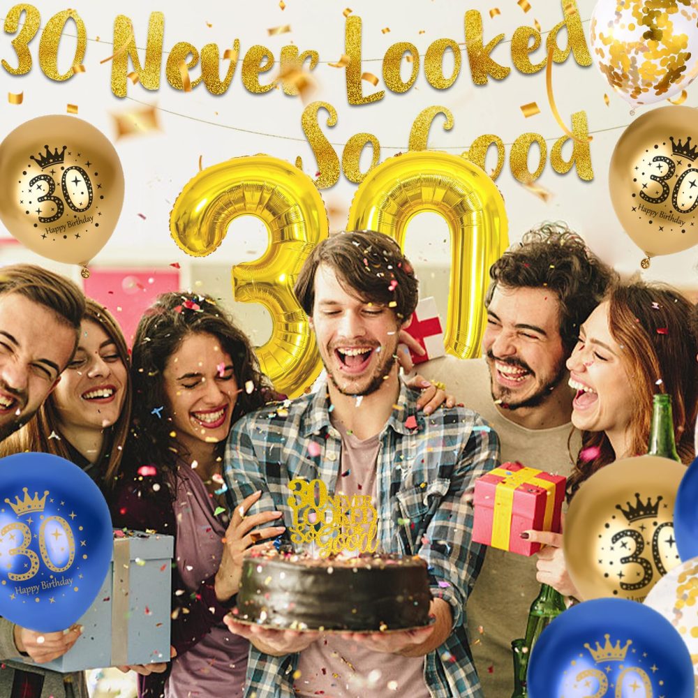 30th Birthday Decorations Men, 30th Birthday Decorations Blue Gold 30th Birthday Balloons, 30th Birthday Party Decorations for Him, Happy 30th Banner Confetti Balloons for 30 Birthday Party Supplies - Image 3
