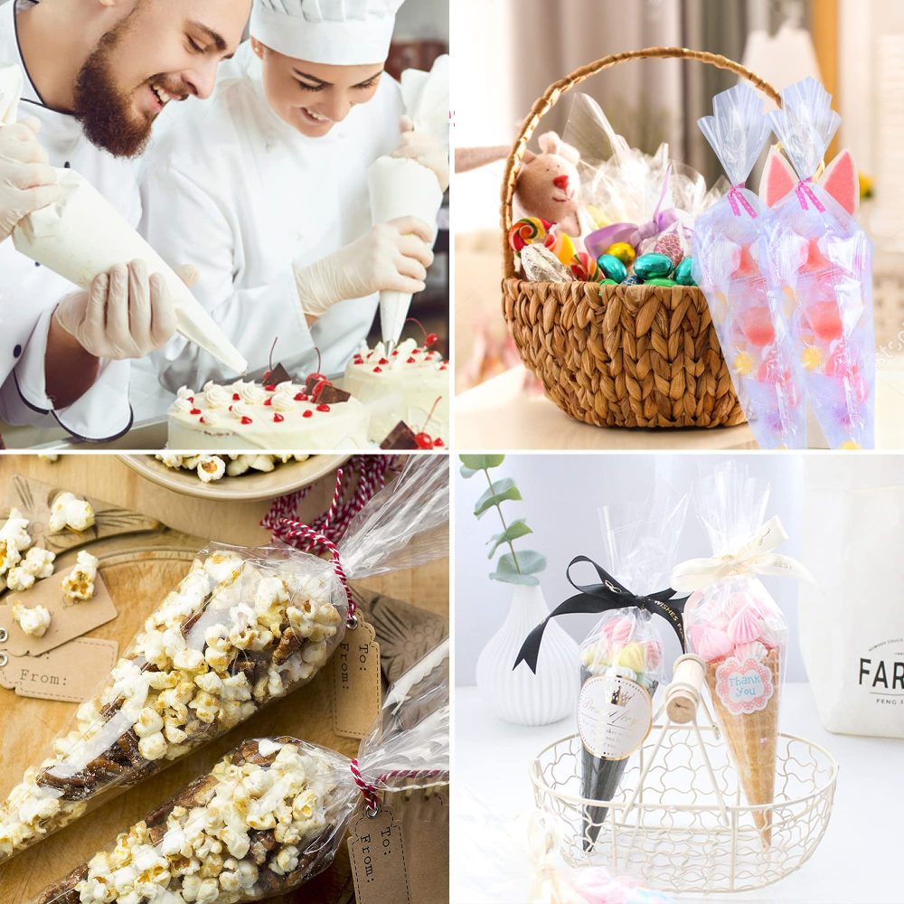 FOLKSNSHOPS 100pcs Sweet Cone Bags 32x18cm Clear Cone Bags, Sweet Bags, Cellophane Cone Bags with Ties for Party Supplies, Sweets, Biscuits Displaying & Wrapping on Birthday Parties and Festivals - Image 6