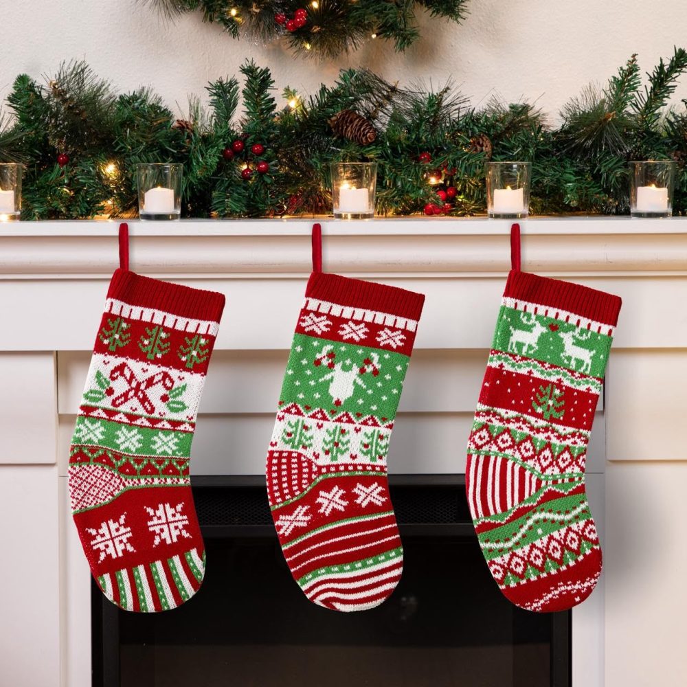 JOYIN 3 Pack 18” Christmas Stockings, Large Size Rustic Cable Knit Xmas Stocking in Red & Green, for Family Holiday Season Decorations - Image 6