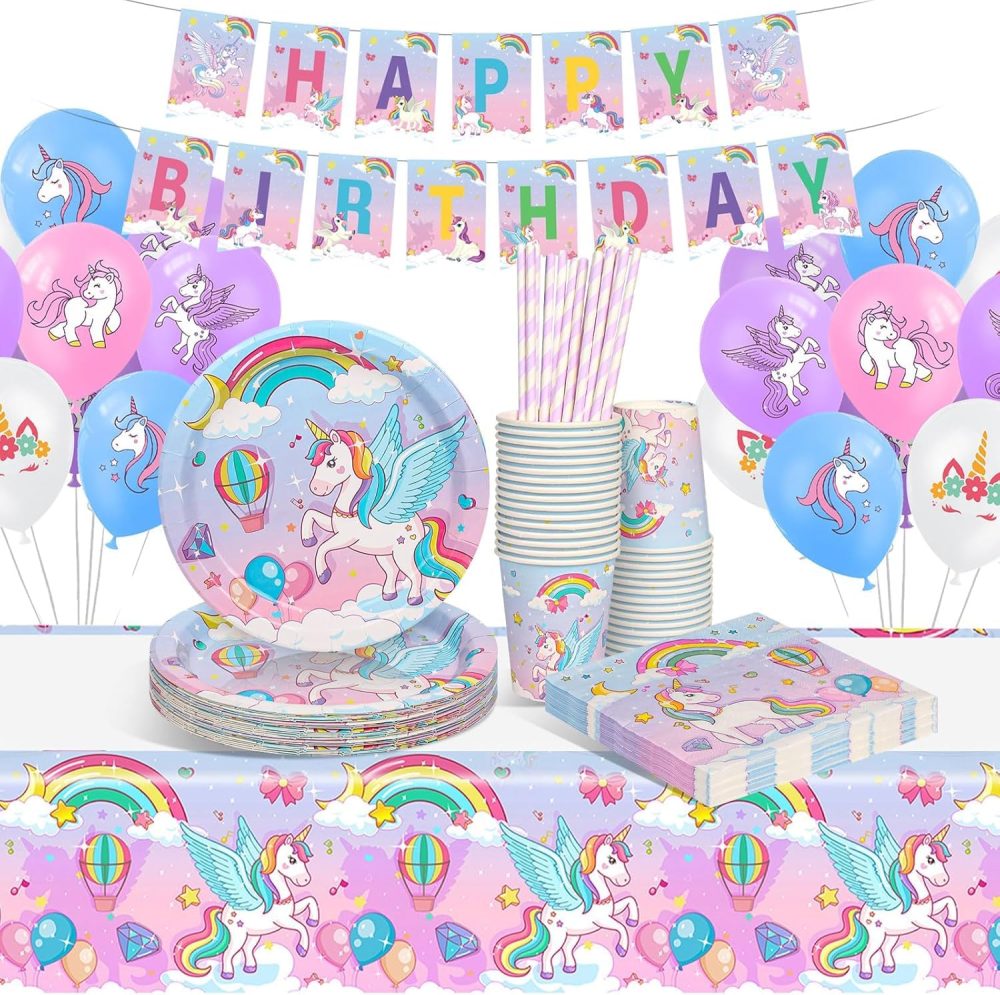 yosiio Unicorn Party Tableware Set, 16 Guests Unicorn Birthday Decoration Set, Party Supplies Paper Plates Cups Napkins Table Cloth Balloons for Kids' Birthday Baby Shower