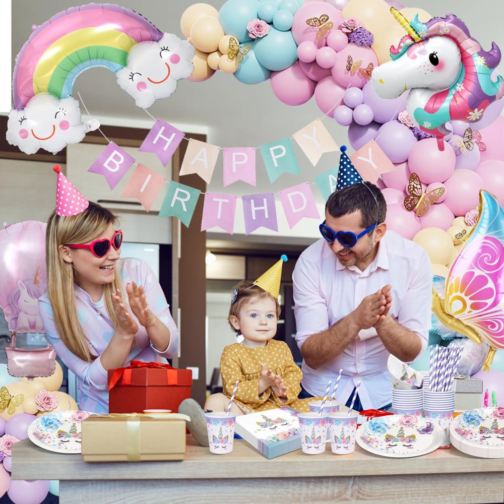 yosiio Unicorn Party Tableware Set, Butterfly Theme Party Supplies, Unicorn Birthday Decoration Set, Paper Plates with Butterfly Balloons for Kids' Birthday Baby Shower 16 Guests - Image 4
