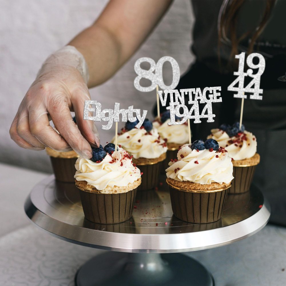 Gyufise 24Pcs Vintage 1944 Cupcake Toppers Glitter Cheers to 80 Fabulous Eighty Cupcake Picks 80th Birthday Wedding Anniversary Party Cake Decorations Supplies Silver - Image 3