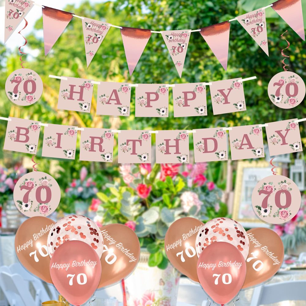 Blue Planet Fancy Dress 70th Birthday Decorations 20Pcs, Rose Gold Party, Pink & Floral Balloons, Flag Bunting, Floral Banner & Hanging Decorations for Girls and Women - Image 3