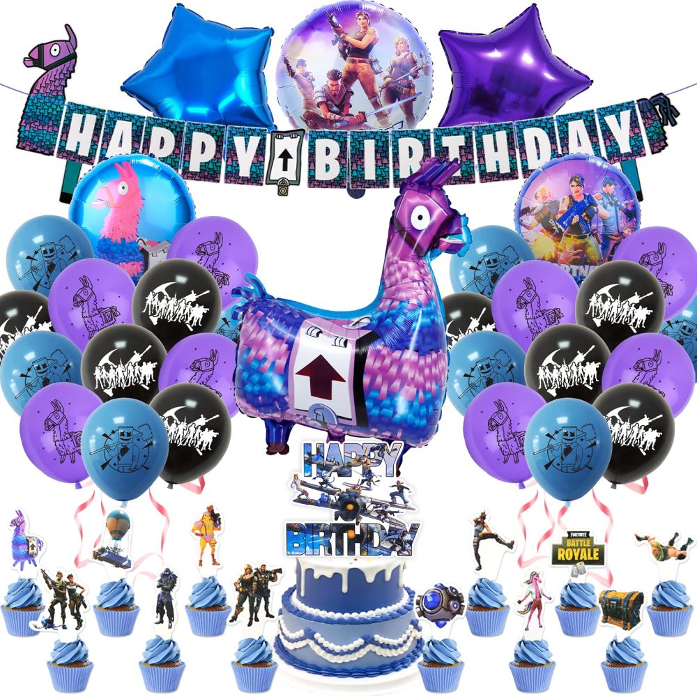 VI2 32PCS Video Game Foil Balloons, Video Gaming Birthday Decoration, with Fort-nite Birthday Banner Cake Decorations Game Foil Balloons Video Game Themed, for Kids Gamers Lovers Party Party Supplies