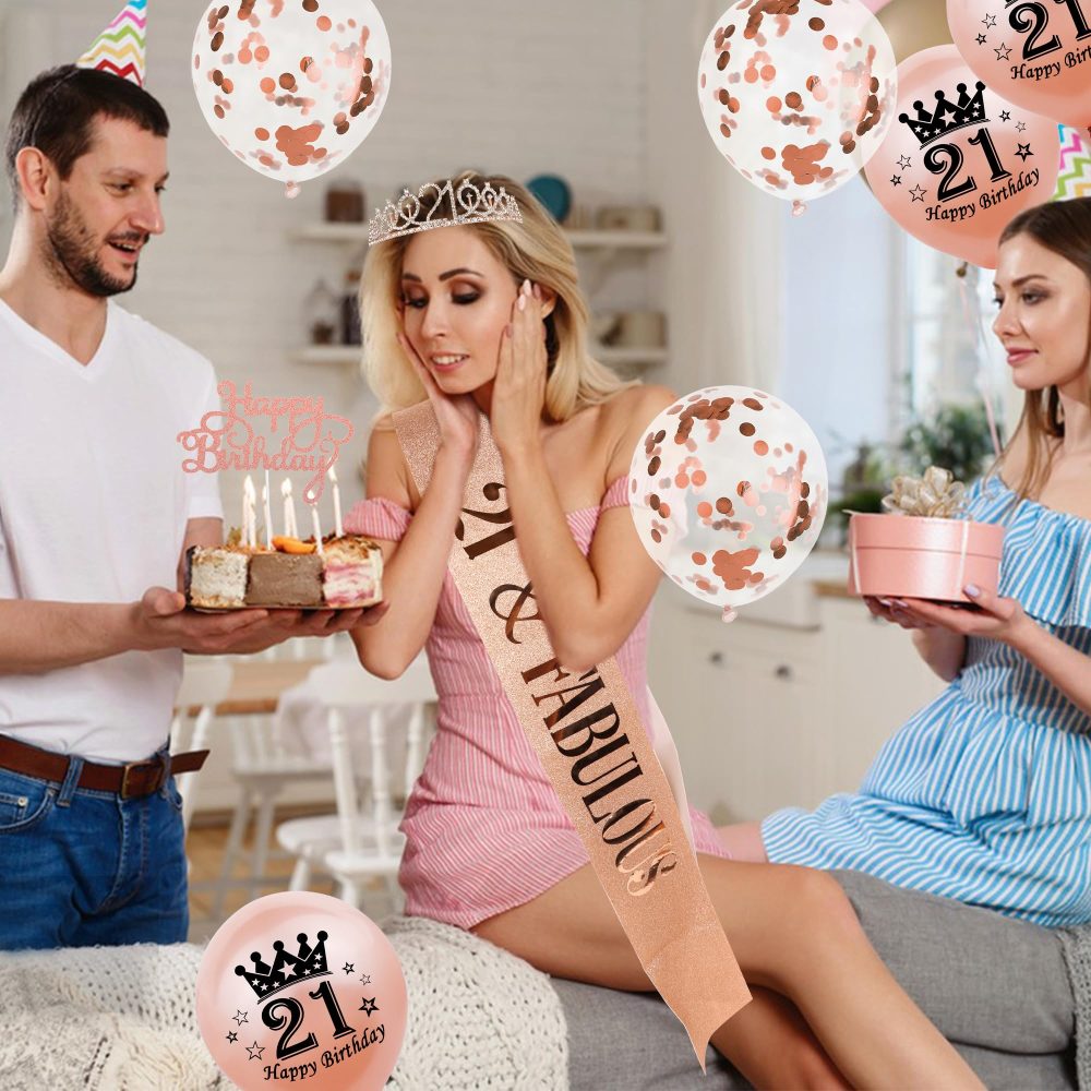 Auliuse 21th Birthday Sash and Tiara Set for Girls, Rose Gold Birthday Sash Crown with Balloons Happy Birthday Cake Topper Party Decorations Supplies, Happy Birthday Gifts for Women (21 Years Old) - Image 2