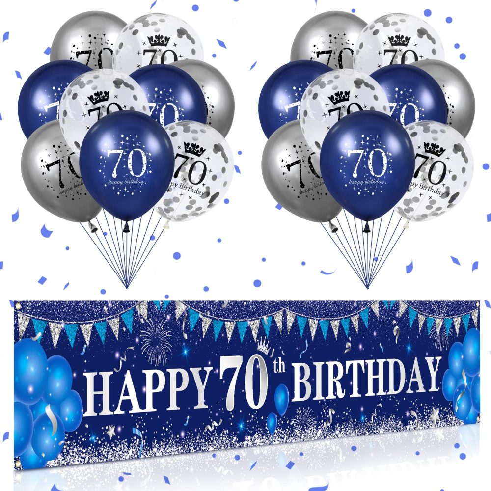 Blue 70th Birthday Decorations for Men Women, Navy Blue Silver Happy 70th Birthday Yard Banner, Blue 70th Birthday Balloons for 70th Birthday Anniversary Party Decorations Supplies