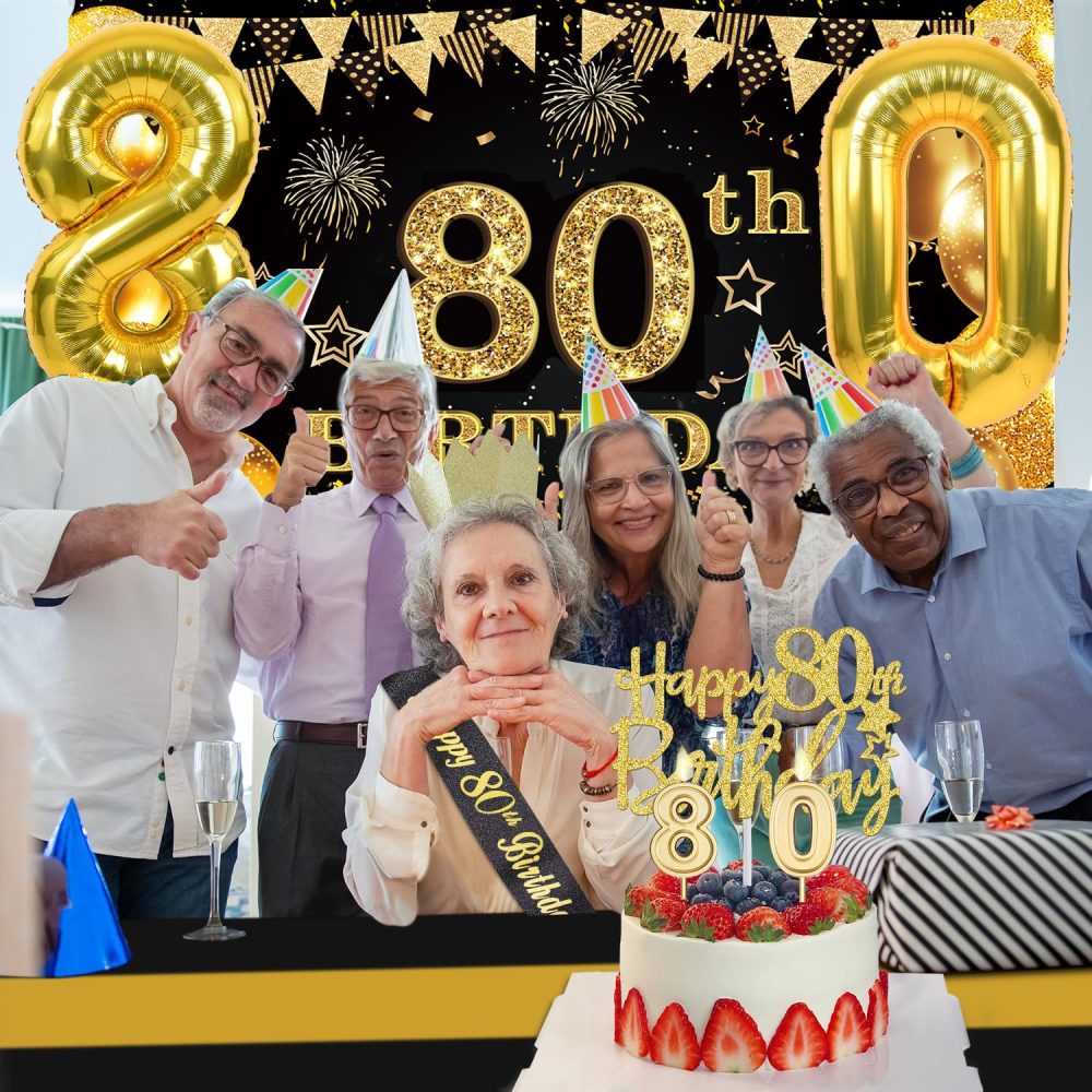 80th Birthday Decorations Men Women, 80th Birthday Banner, Black and Gold Table Cloth, 80 Number Balloons, 80th Birthday Sash, Birthday Cake Topper and 80 Candles, 80th Birthday Gifts Men Women - Image 2
