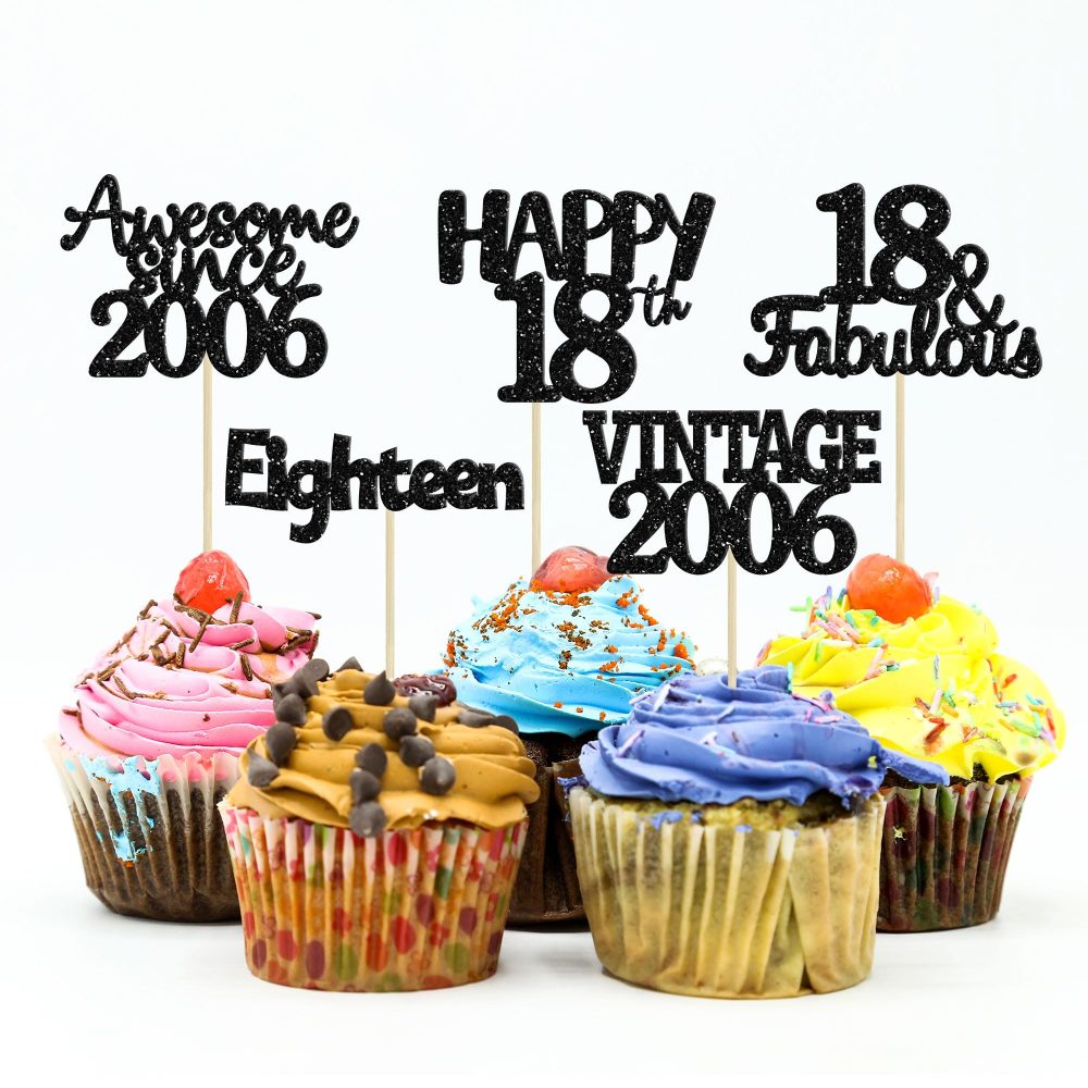 Gyufise 30Pcs Vintage 2006 Cupcake Toppers Glitter Eighteen Happy 18th Cupcake Picks Happy 18th Birthday Cake Decorations for Happy 18th Birthday Fabulous Anniversary Party Supplies Black