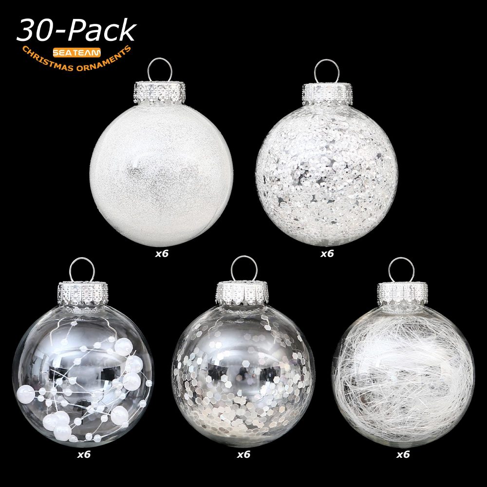 Sea Team 60mm/2.36" Shatterproof Clear Plastic Christmas Ball Ornaments Decorative Xmas Balls Baubles Set with Stuffed Delicate Decorations (30 Counts, White) - Image 9