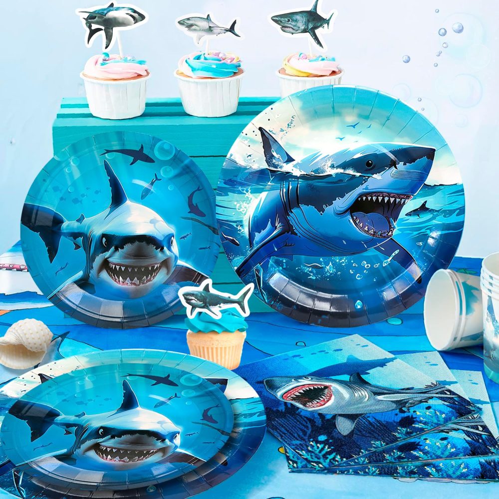 Shark Party Supplies,111pcs Shark Theme Party Tableware&Ocean Party Decorations Set- Shark Birthday Plates Tablecover Cups Banner Balloons etc Shark Ocean Party Supplies for Under The Sea Party Decor - Image 6