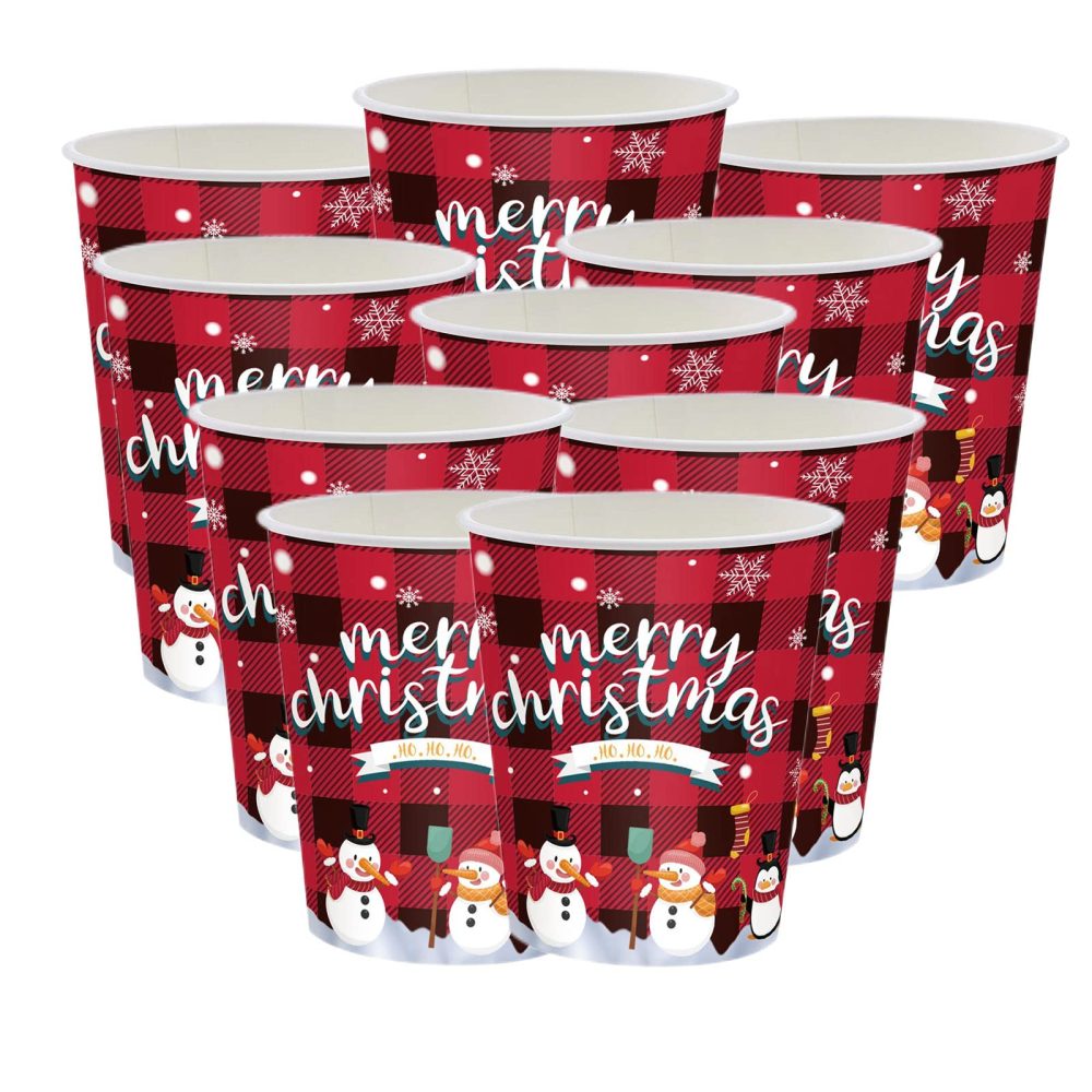 10Pcs Christmas Party Cups Decorations, Red Black Plaid Paper Cups Design for Christmas Party,Xmas Trees Partten Paper Cups for Xmas Dinner and Hot Cold Drinks Party for Christmas Disposable Cup