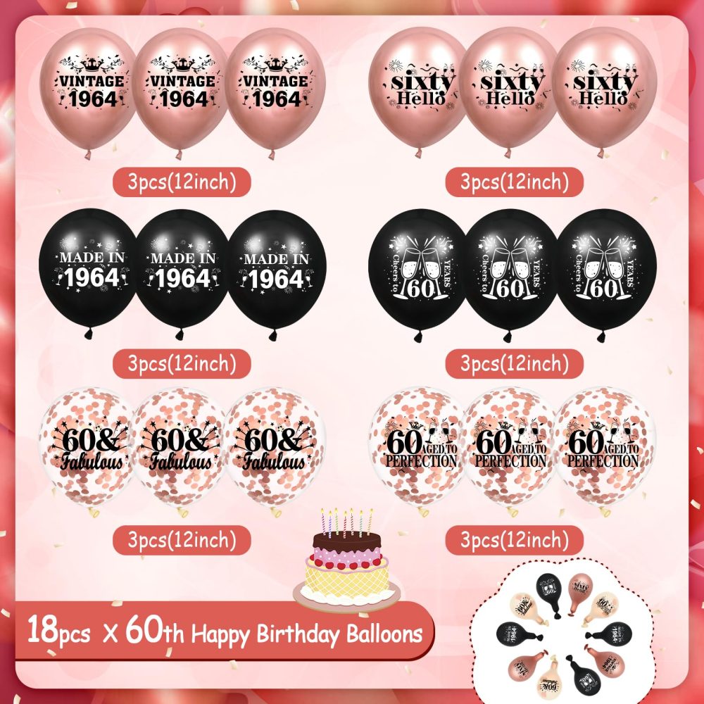 60th Birthday Balloons for Women 18Pcs Rose Gold and Black 1964 Balloons 60th Birthday Party Decorations 12 inch Vintage Confetti Latex Balloons Party Supplies for 60th Birthday Anniversary Party - Image 3