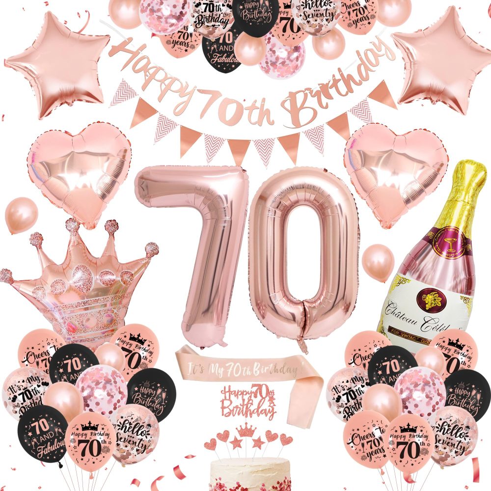 70th Birthday Decorations for Women - Rose Gold Balloons - 70th Rose Gold Birthday Decorations, Banner, Cake Topper, Cupcake Topper - Birthday Party Supplies Kit