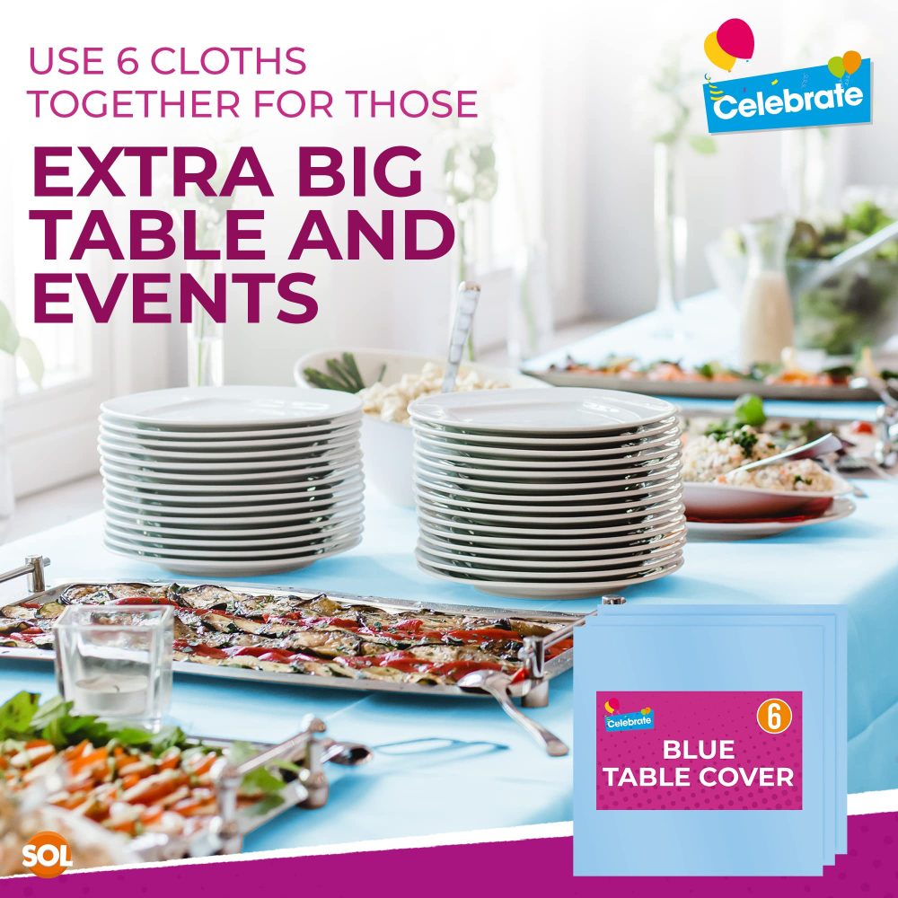 SOL 6pk Blue Table Cloths Party | 121 x 121cm | Reusable Blue Plastic Tablecloth | Blue Party Table Cloth | Plastic Table Cover | Blue Table Cover Party | Blue Table Cloth Party | Blue Tablecloth - Image 3