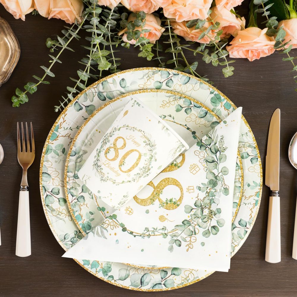 65 pcs Birthday Party Decorations,Paper Plates 7 and 9inch,Napkins Serviettes and Cups Set,Eucalyptus Tablecloth, Happy Birthday Party Tableware Table Decorations (80th) - Image 5