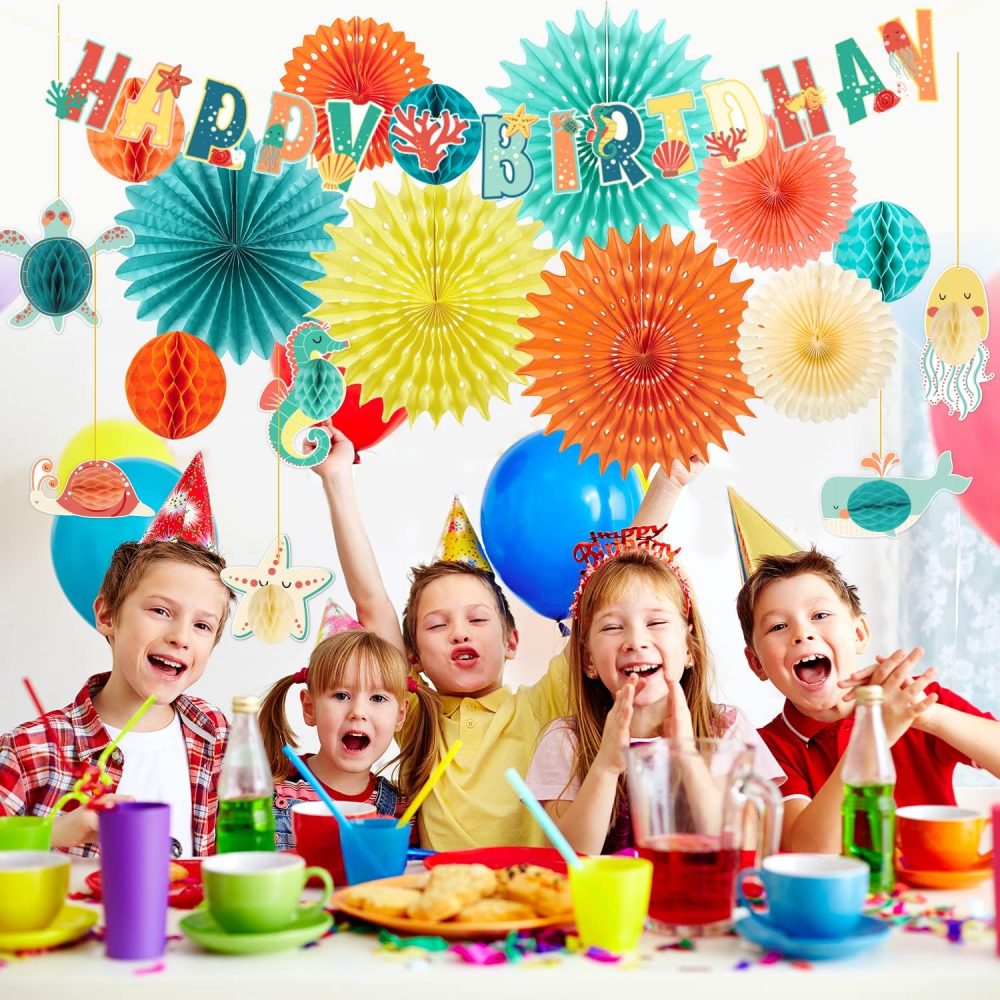 Under The Sea Party Decorations Happy Birthday Banner Paper Fans Ocean Sea Animal Honeycomb with Coral Starfish Sea Turtles Ocean Birthday Decorations Hanging Sea Creature Decoration for Party - Image 2