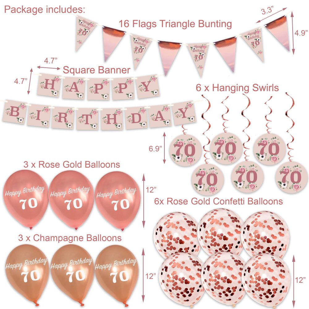 Blue Planet Fancy Dress 70th Birthday Decorations 20Pcs, Rose Gold Party, Pink & Floral Balloons, Flag Bunting, Floral Banner & Hanging Decorations for Girls and Women - Image 6