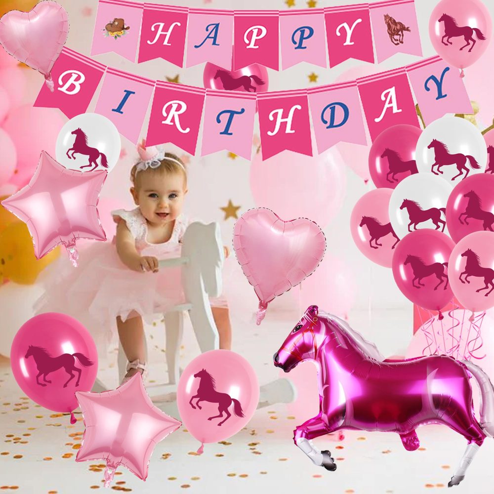 Pink Horse Birthday Decorations Girls - 49 Pieces Pink Horse Foil and Latex Balloons Happy Birthday Banner Cake Topper Cupcake Toppers, Western Cowgirl Party Supplies for Girls - Image 5