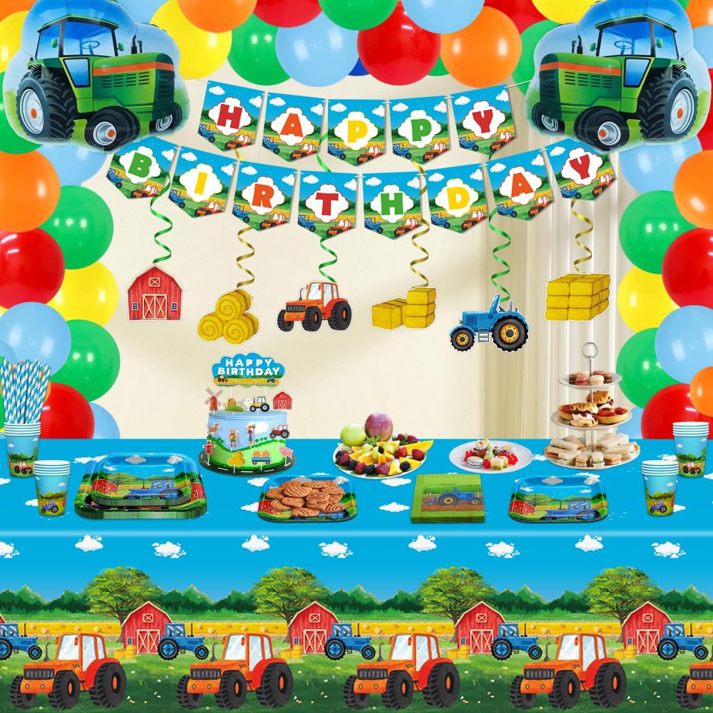 176 Pack Tractor Birthday Party Supplies Farm Tractor Party Decorations Tractor Party Supplies Barnyard Farm Party Tableware Set - Tractor Theme Plates, Balloons, Banner, Tablecloth, Cups Serves 20 - Image 7