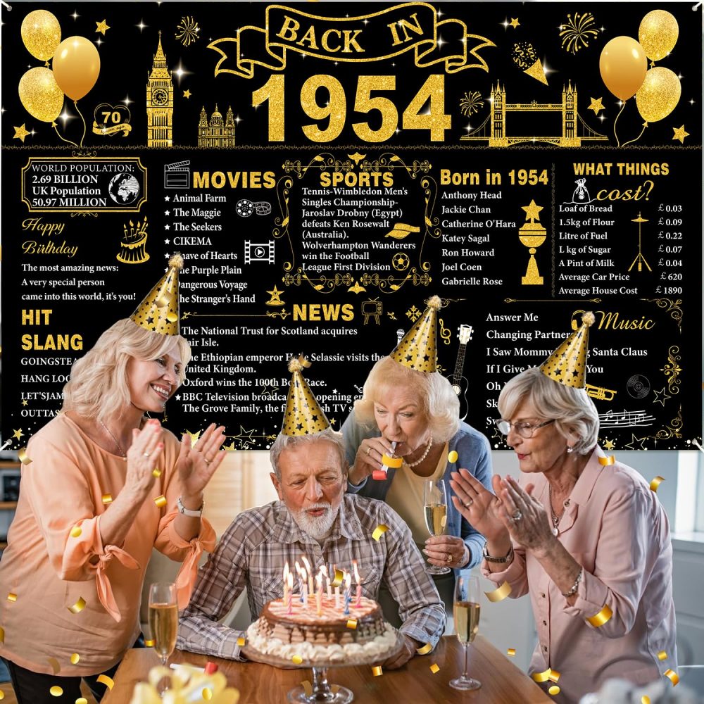 70th Birthday Decorations Black Gold, Back in 1954 Poster UK Happy 70th Birthday Decorations, Large Back in 1954 Backdrop Banner, 70 Years Anniversary Home Decor for Women Men - Image 5