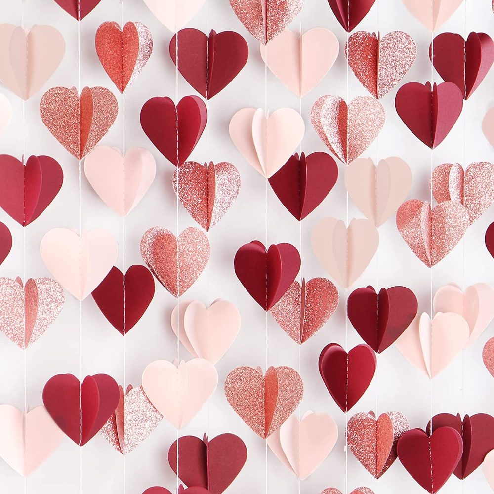 OURUOLA Rose-Gold Pink Burgundy-Red 3D-Heart Garland - 39Ft Valentines Day Party Decorations Hanging Paper Streamers Banner,Engagement Wedding Bachelorette Baby Bridal Shower Decor Lasting Surprise - Image 2