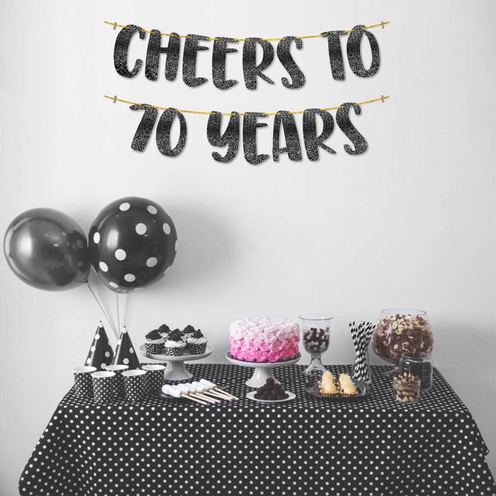 TOYVENTURES Cheers to 70 Years Black Glitter Banner - Happy 70th Birthday Party Decorations 8 Feet, 70th Wedding Anniversary Party Supplies - Milestone Celebration Decor - Pre-strung, No DIY Required - Image 3
