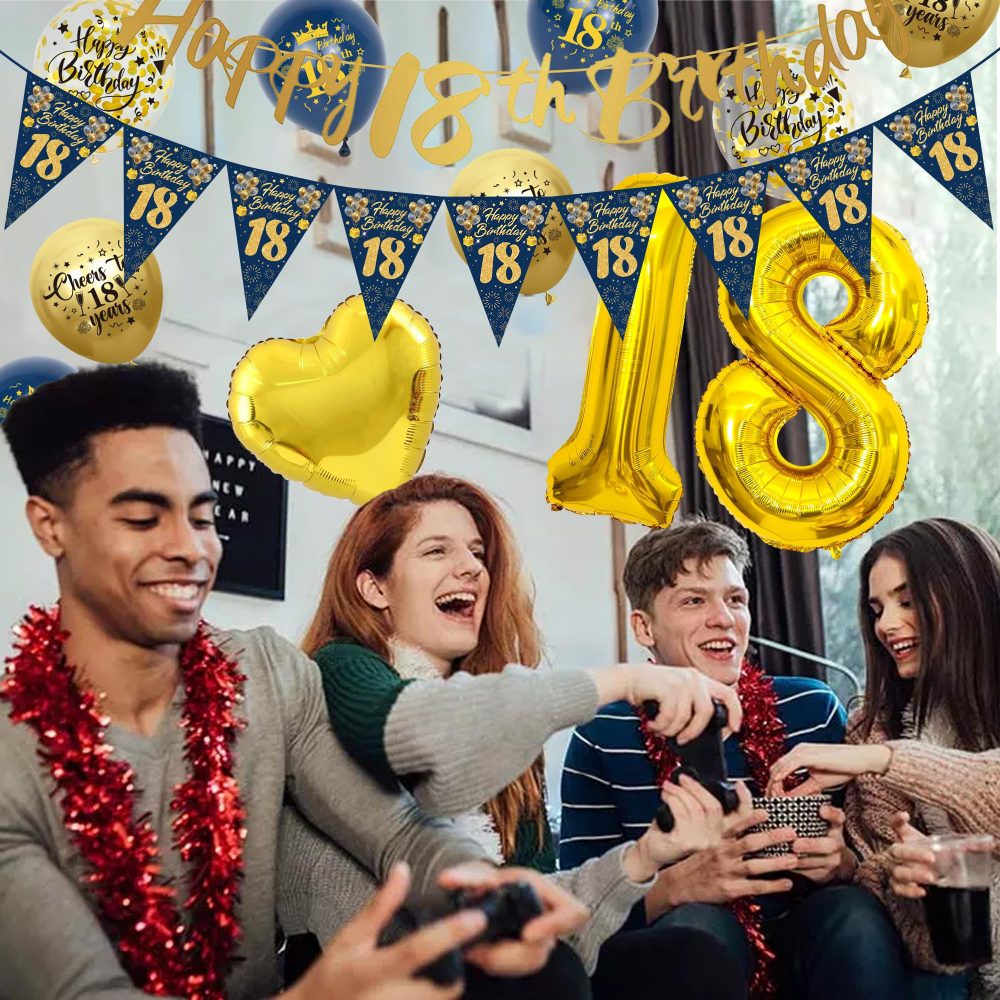 18th Birthday Decorations for Boys - Blue and Gold 18th Birthday Banners Pennant Cake Topper Latex Balloon Number Balloon Heart Foil Balloon Suitable for 18th Birthday Party Supplies - Image 3